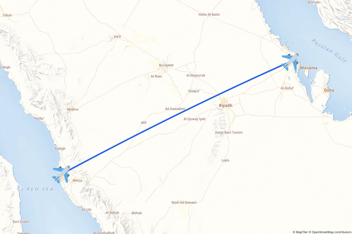 Map of the Ad Dammam to Jeddah route