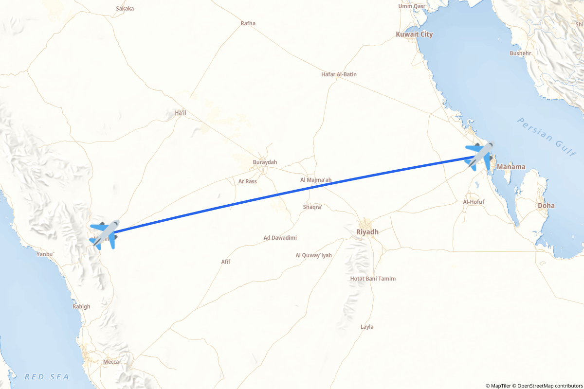 Map of the Ad Dammam to Medina route