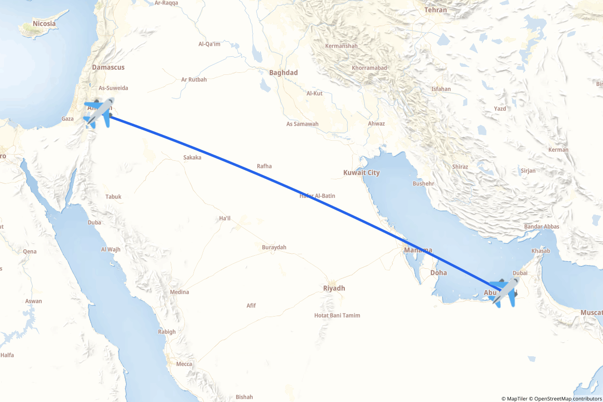 Map of the Abu Dhabi to Amman route