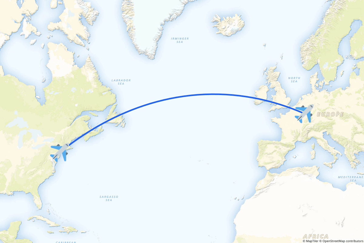 Map of the Newark to Luxembourg route