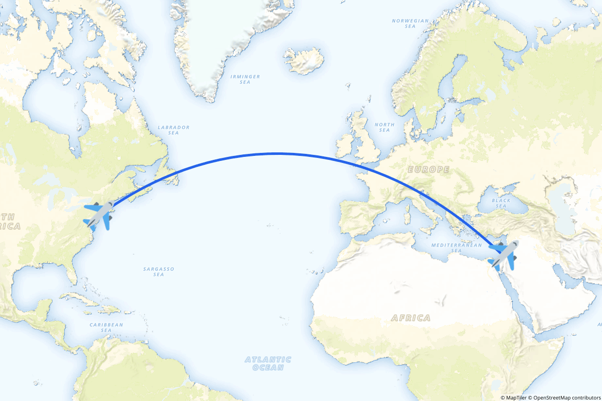 Map of the Newark to Tel Aviv route