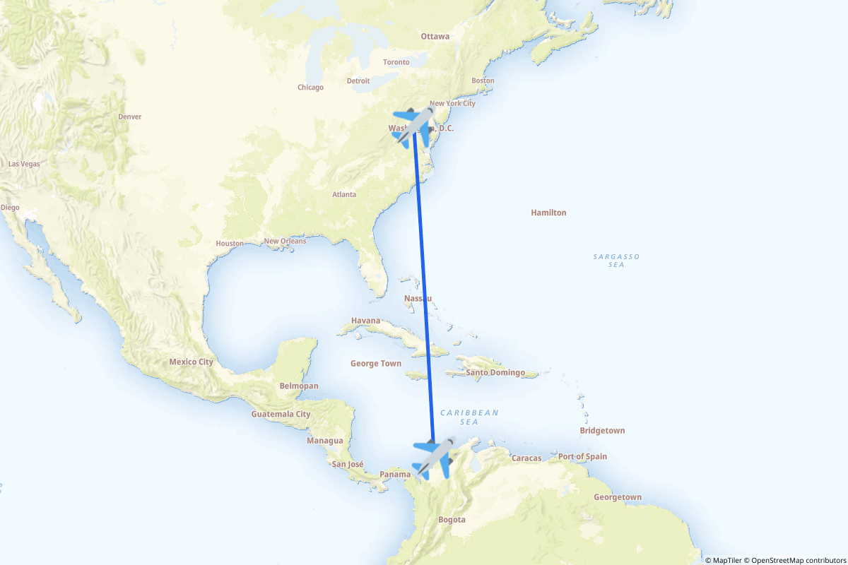 Map of the Dulles to Cartagena route
