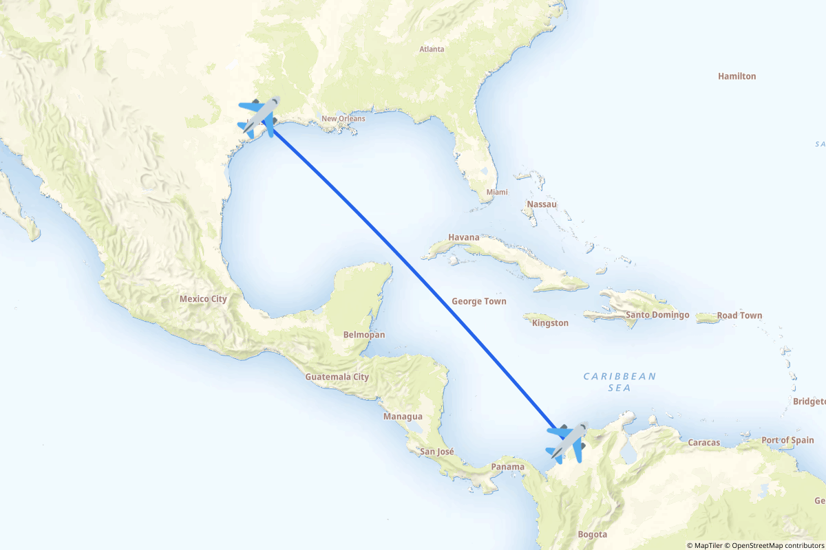 Map of the Houston to Cartagena route