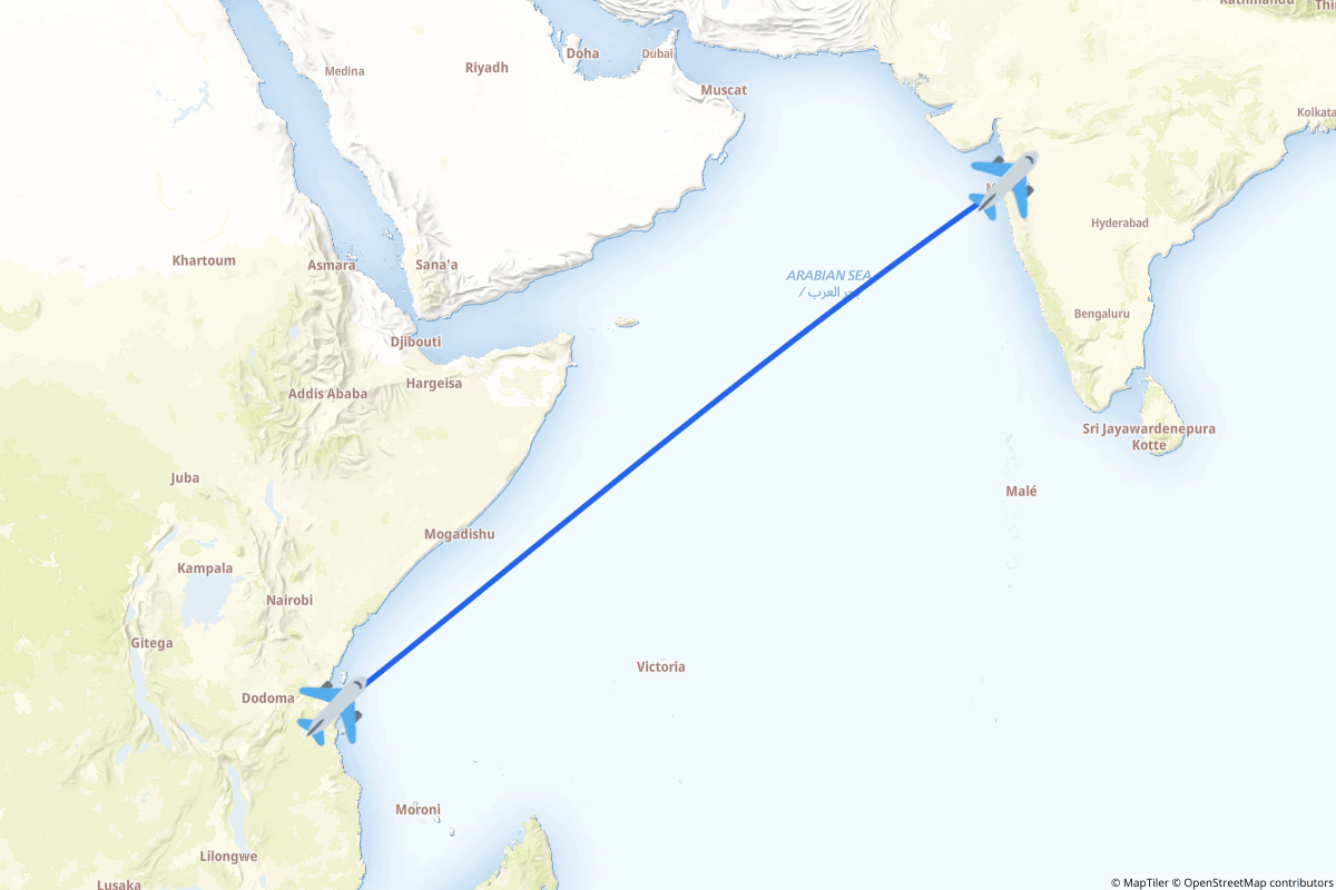 Map of the Mumbai to Dar es Salaam route