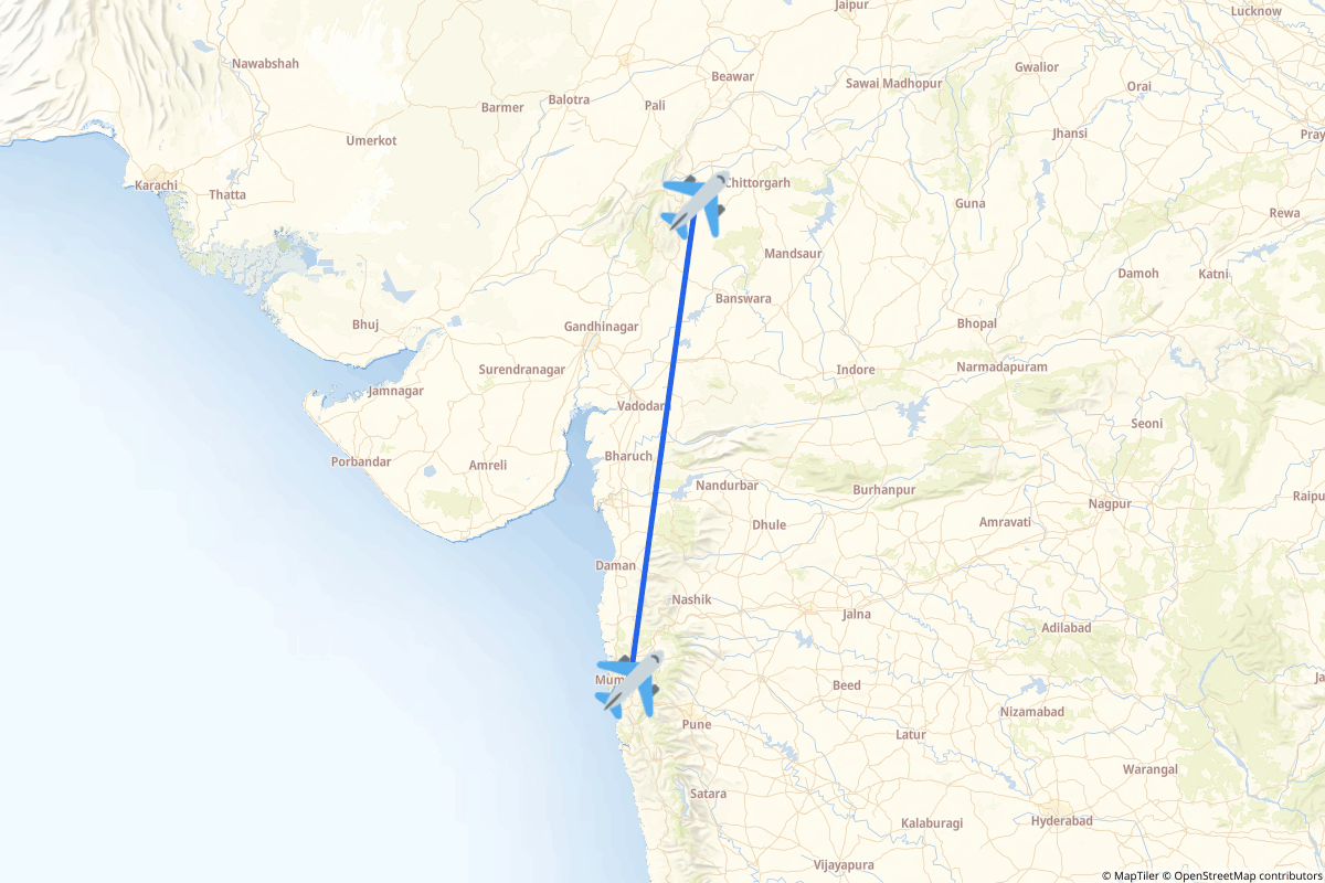 Map of the Navi Mumbai to Udaipur route