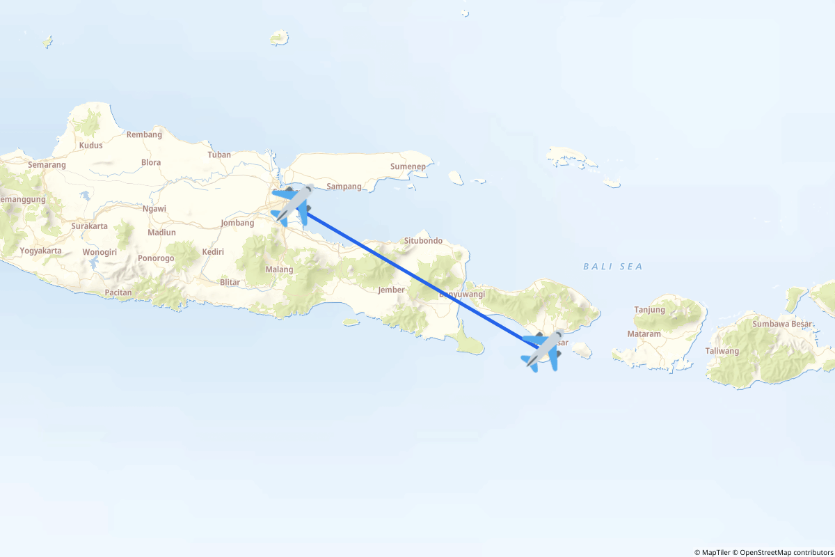 Map of the Kuta, Badung to Surabaya route