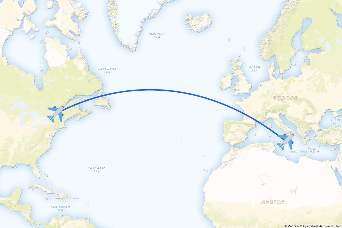 Map of the Montréal to Catania route