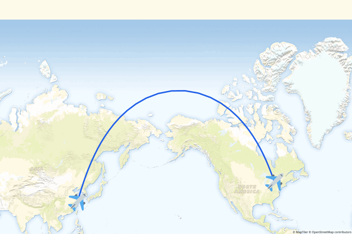 Map of the Toronto to Shanghai (Pudong) route