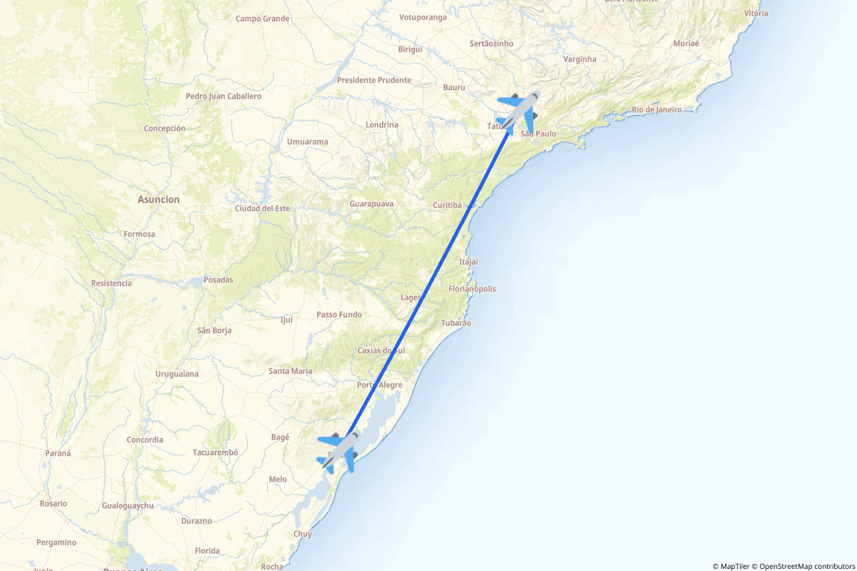 Map of the Pelotas to Campinas route