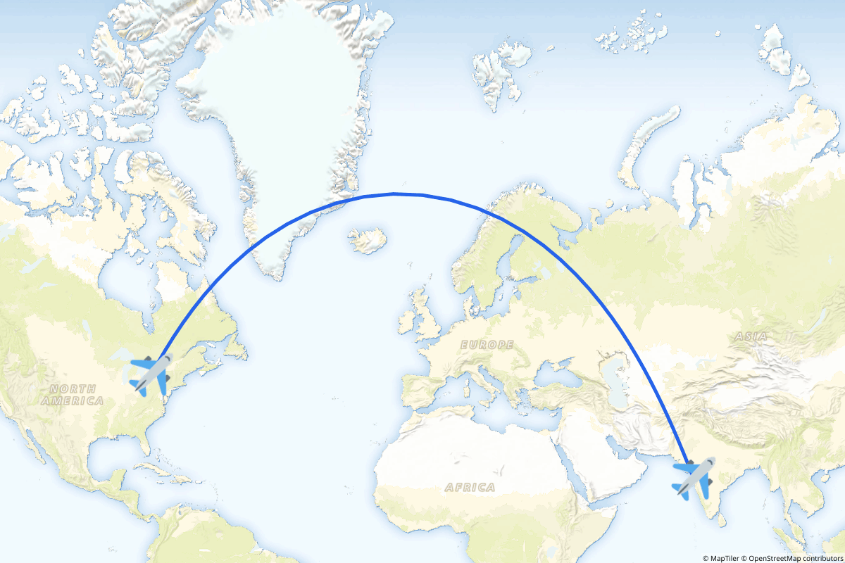 Map of the Mumbai to Toronto route