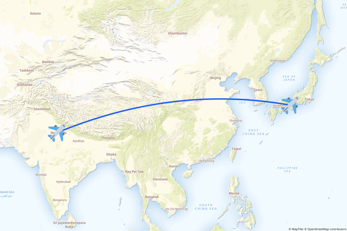 Map of the New Delhi to Osaka route