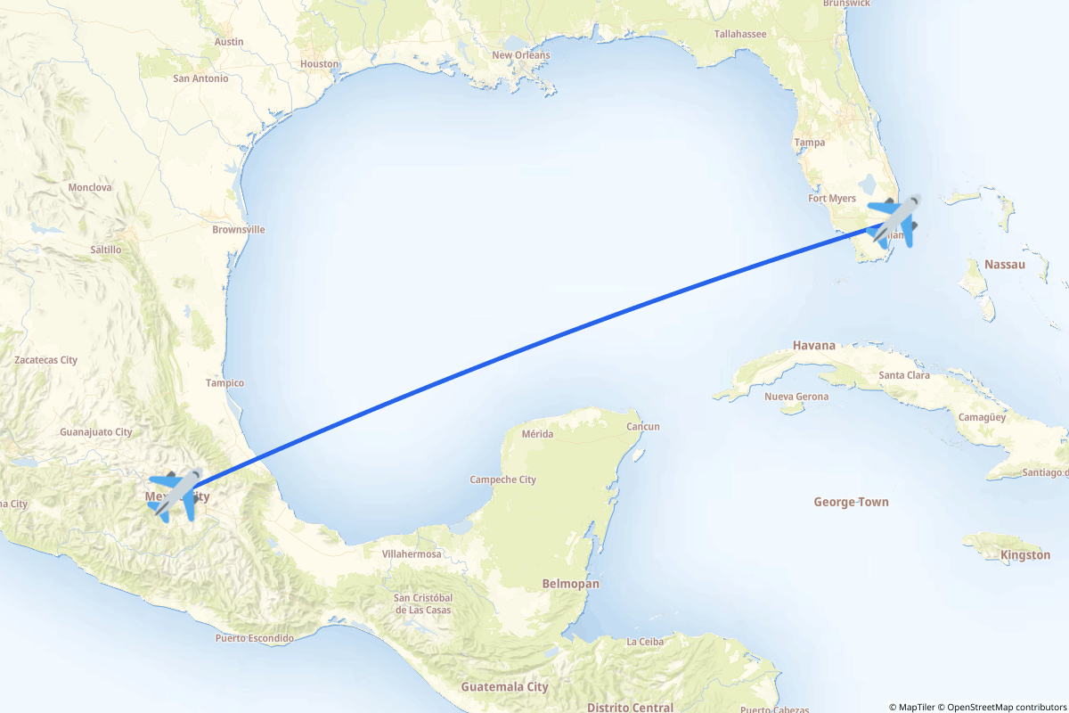 Map of the Ciudad de México to Fort Lauderdale route