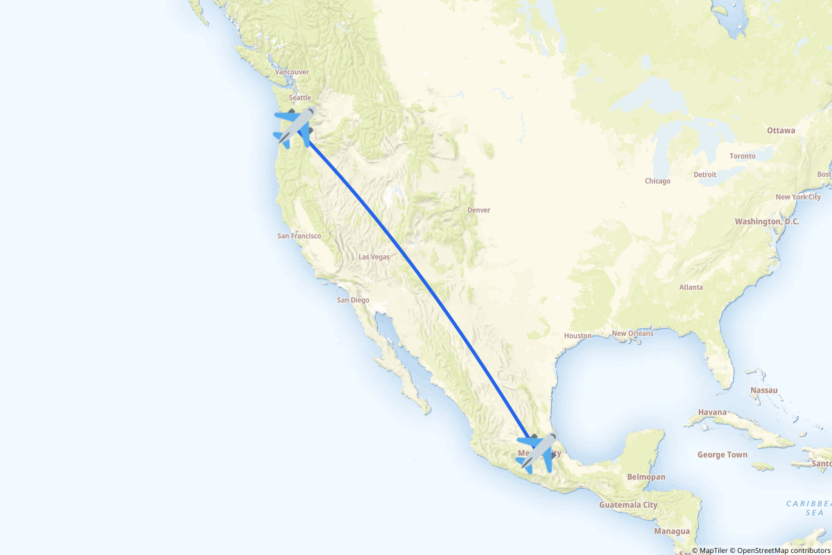 Map of the Ciudad de México to Portland route