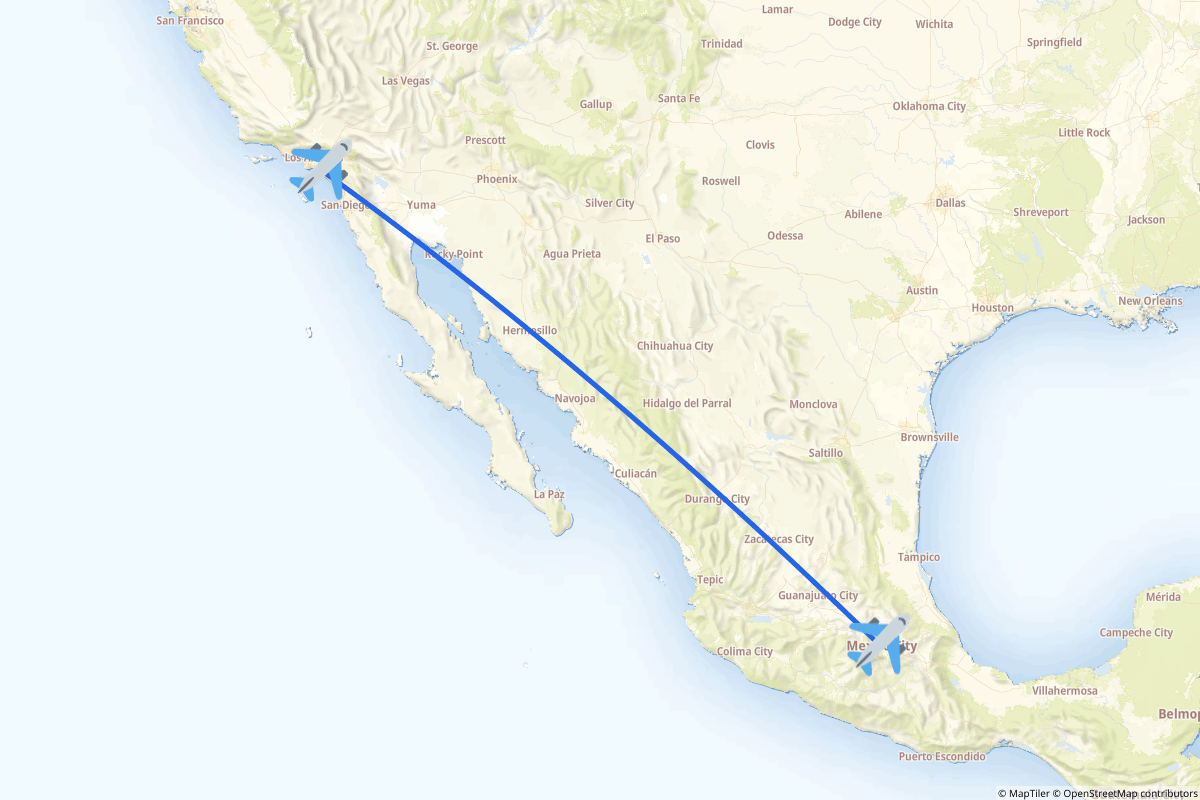 Map of the Ciudad de México to Santa Ana route