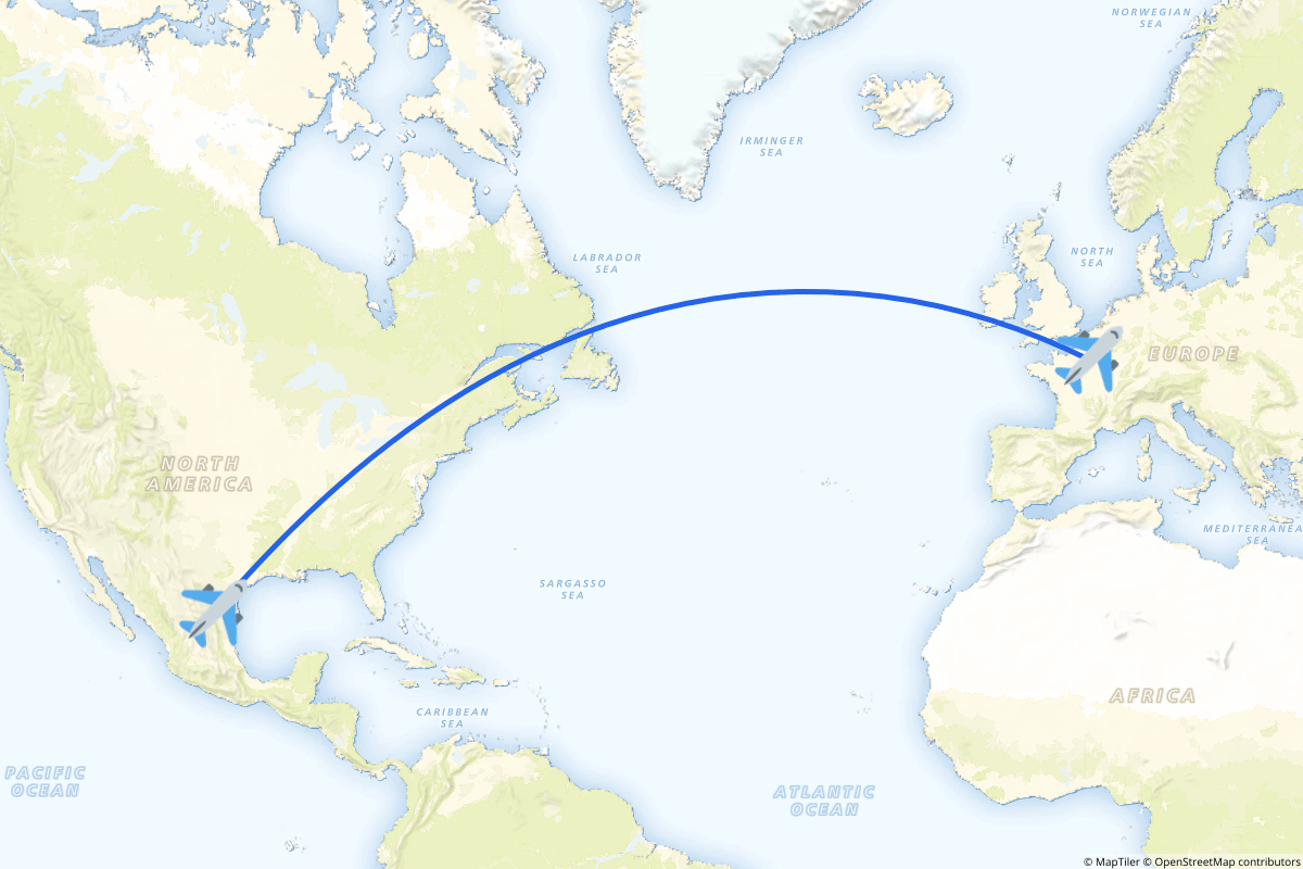 Map of the Monterrey to Paris (Roissy-en-France, Val-d'Oise) route