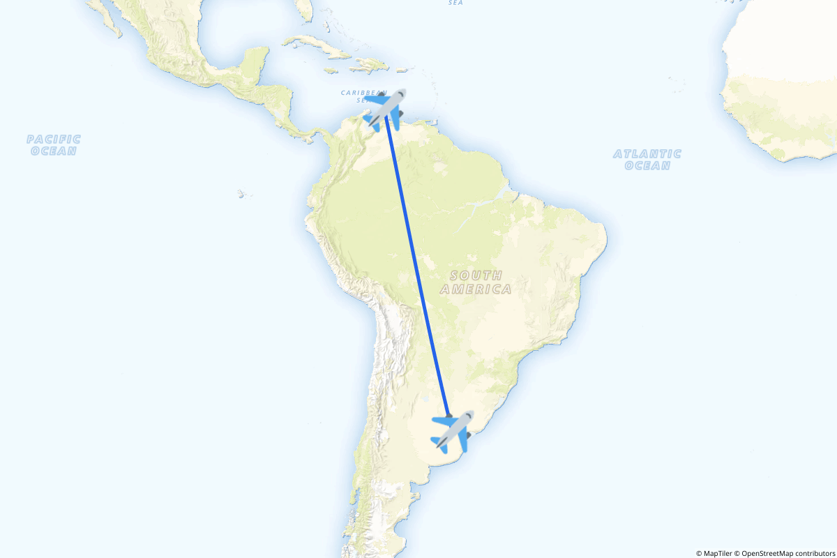 Map of the Buenos Aires (Ezeiza) to Willemstad route