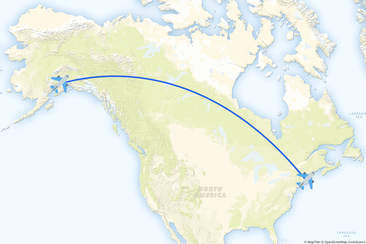 Map of the Anchorage to Boston route