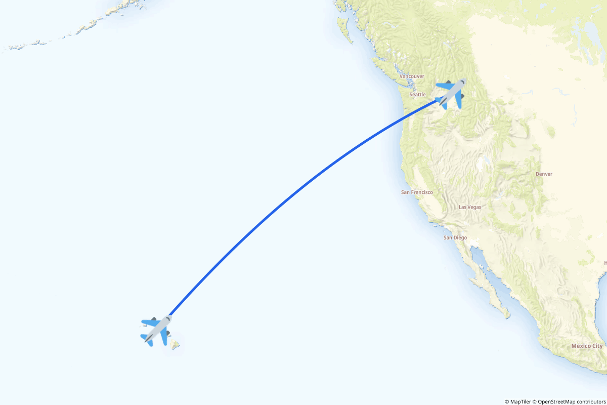 Map of the Honolulu, Oahu to Spokane route