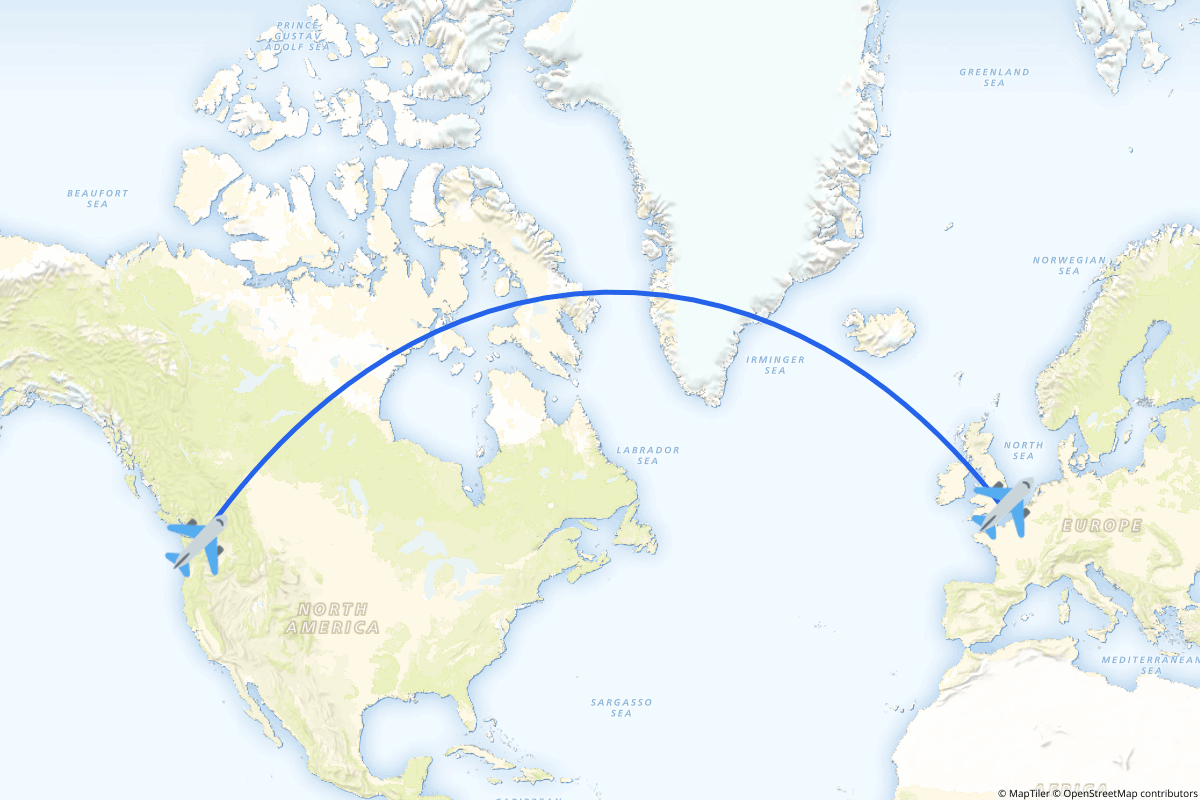 Map of the Seattle to London route