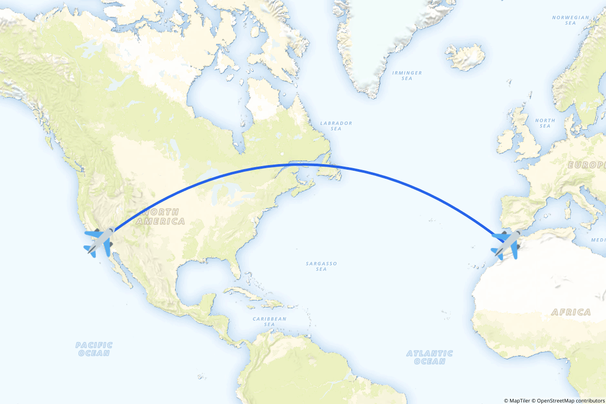 Map of the Casablanca to Los Angeles route