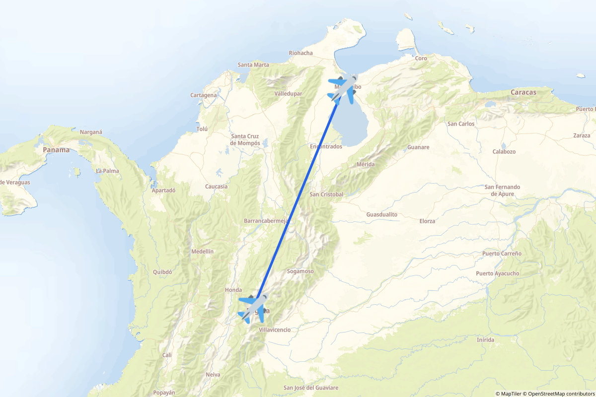 Map of the Bogota to Maracaibo route