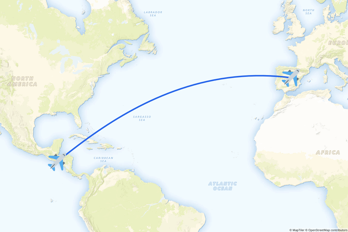 Map of the San Salvador (San Luis Talpa) to Madrid route