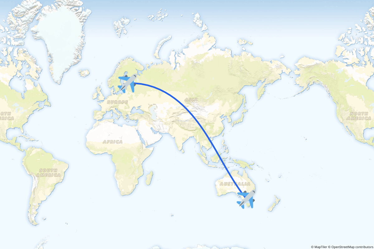 Map of the Helsinki (Vantaa) to Melbourne route