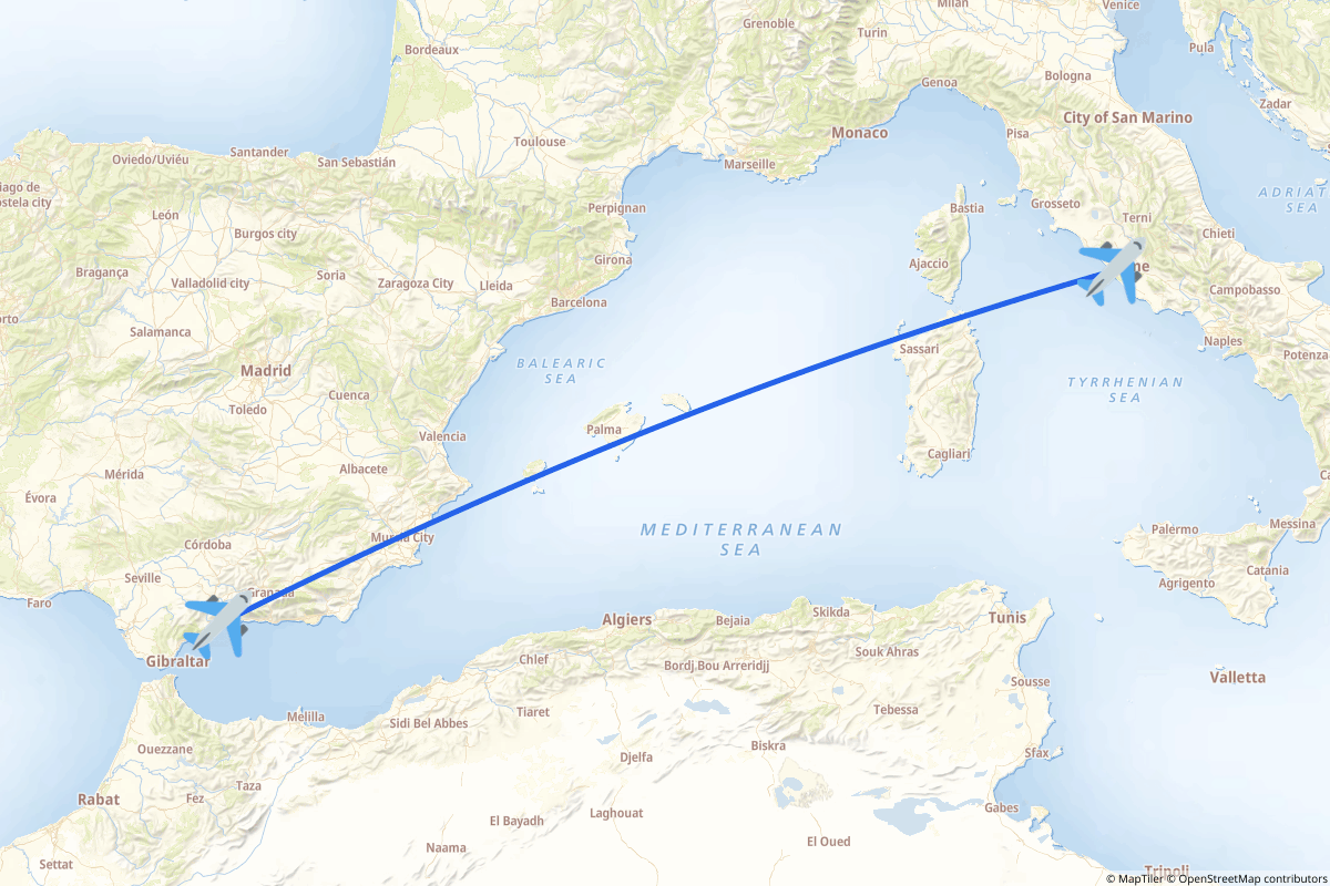 Map of the Rome to Málaga route