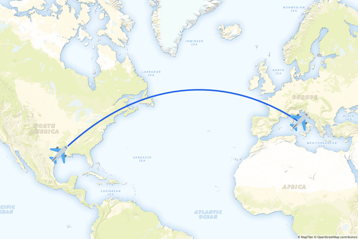 Map of the Rome to Houston route
