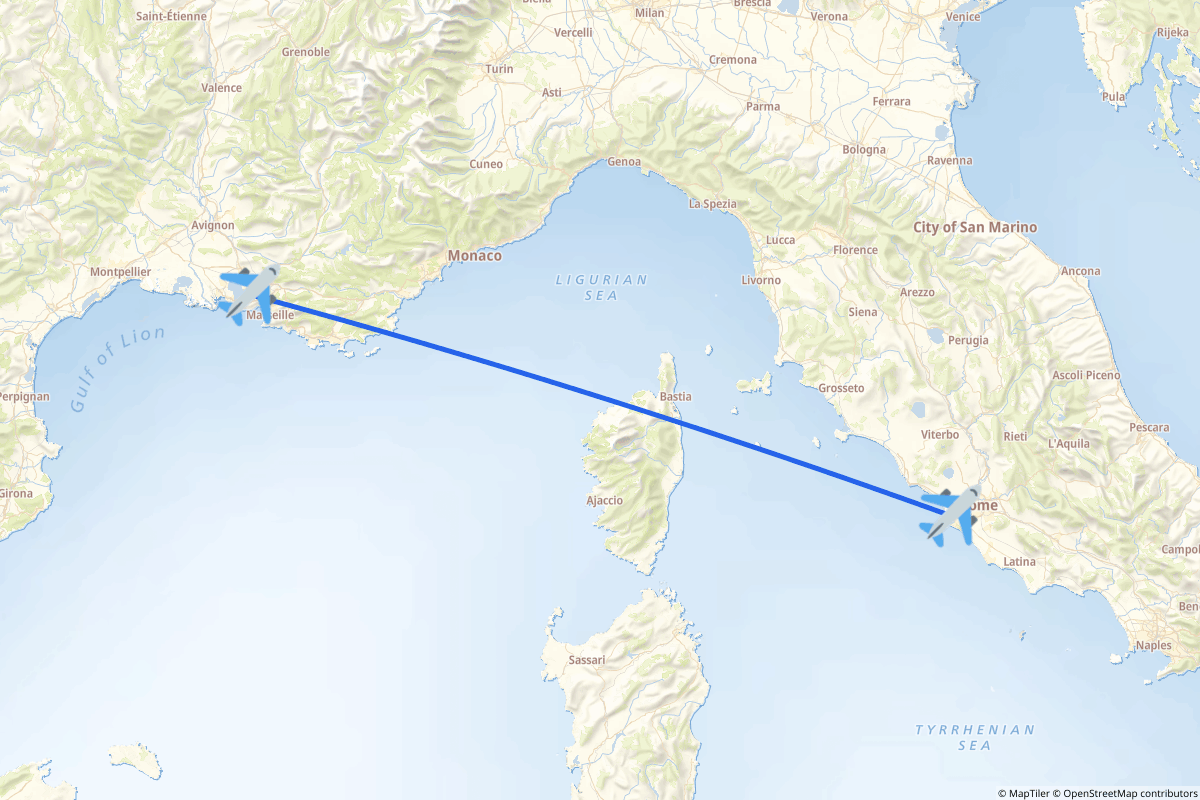 Map of the Rome to Marignane, Bouches-du-Rhône route