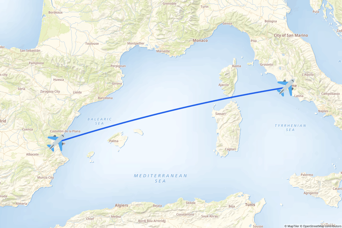 Map of the Rome to Valencia route