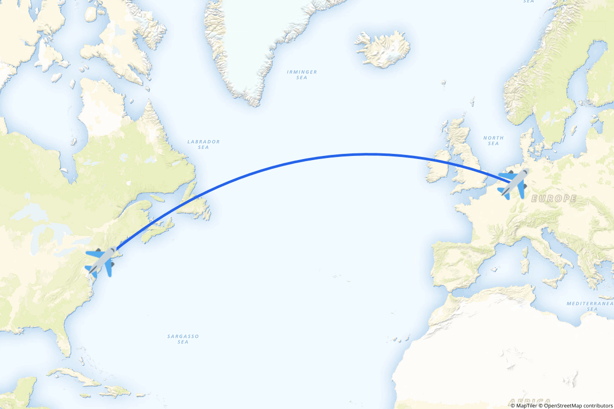Map of the Newark to Düsseldorf route