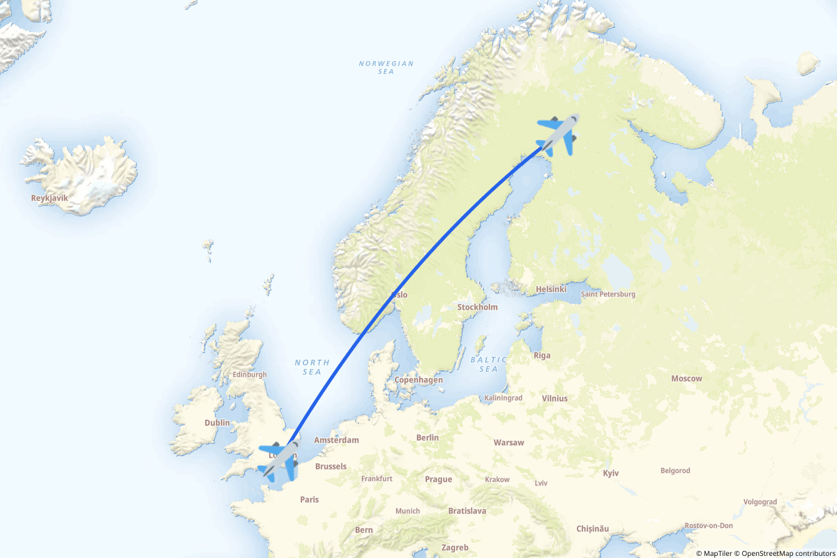 Map of the London to Rovaniemi route