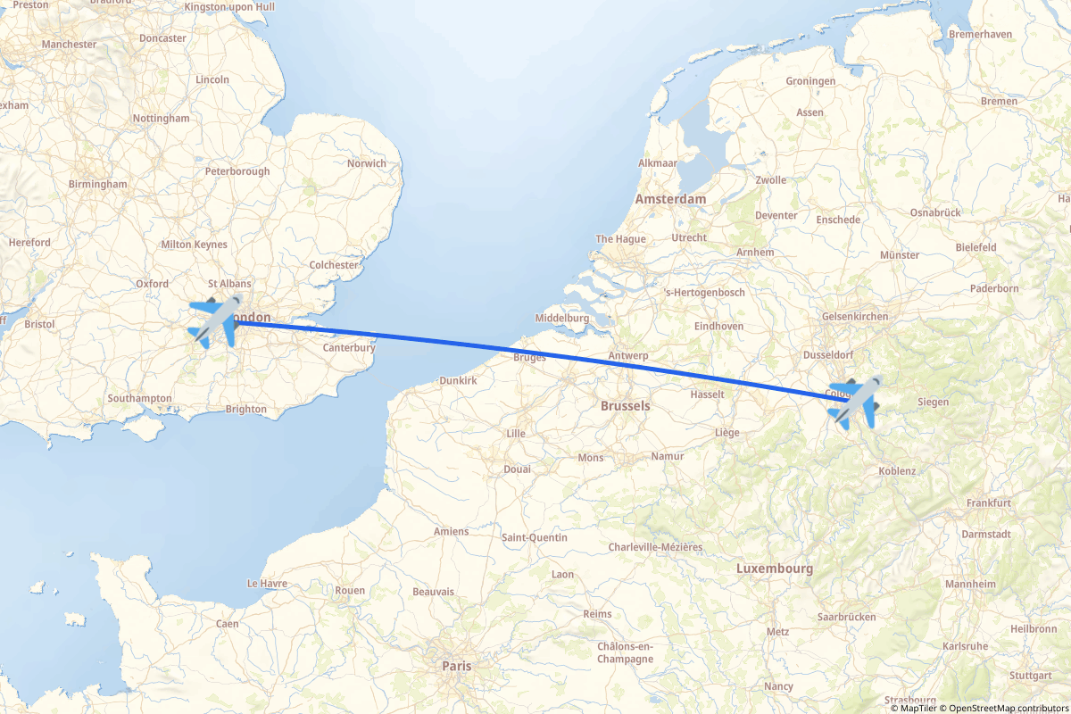 Map of the London to Köln (Cologne) route