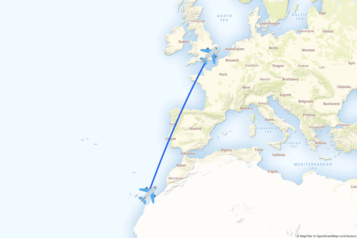 Map of the London to El Matorral route