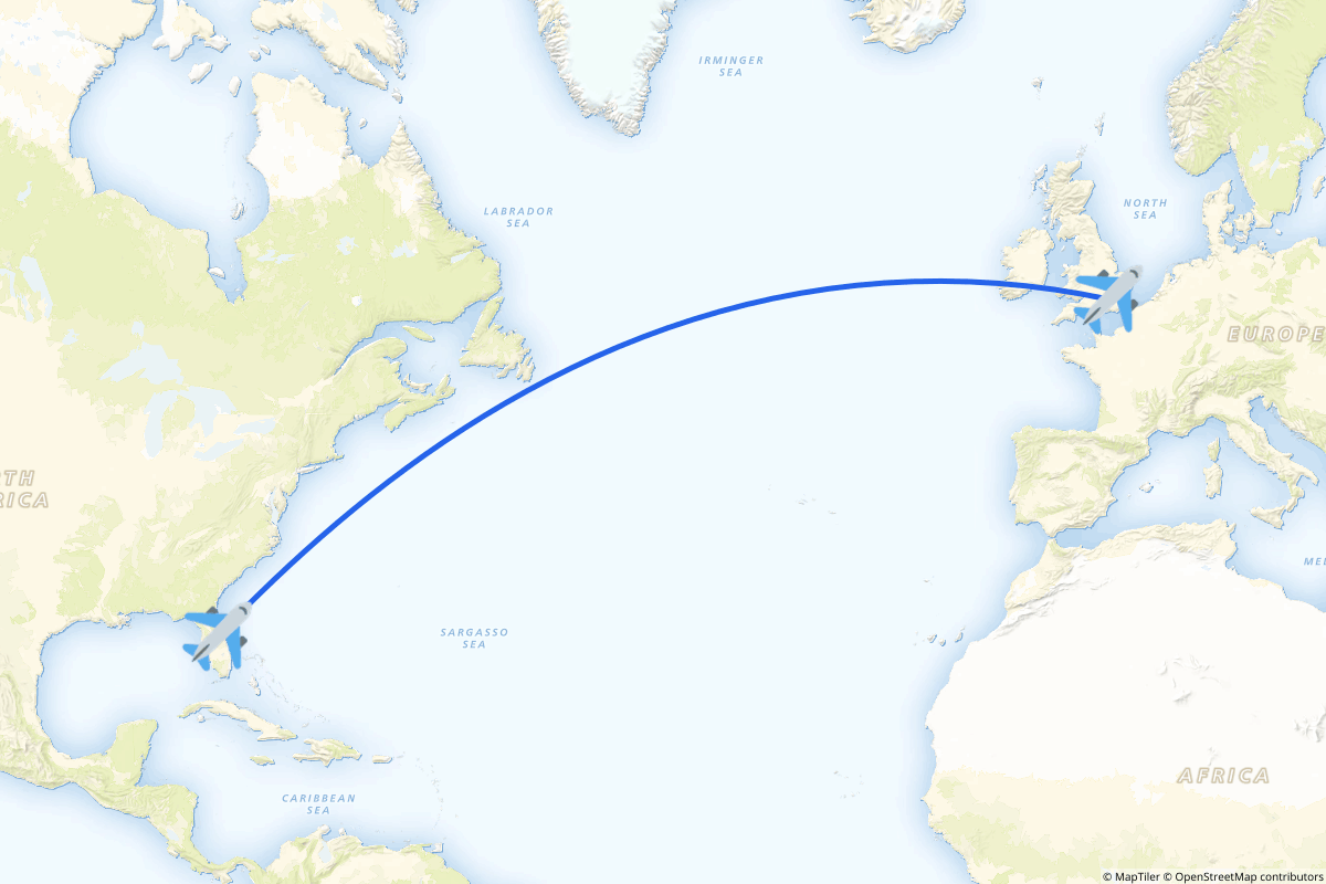 Map of the London to Orlando route