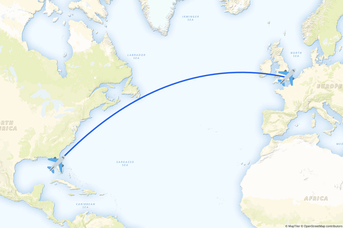 Map of the London to Tampa route