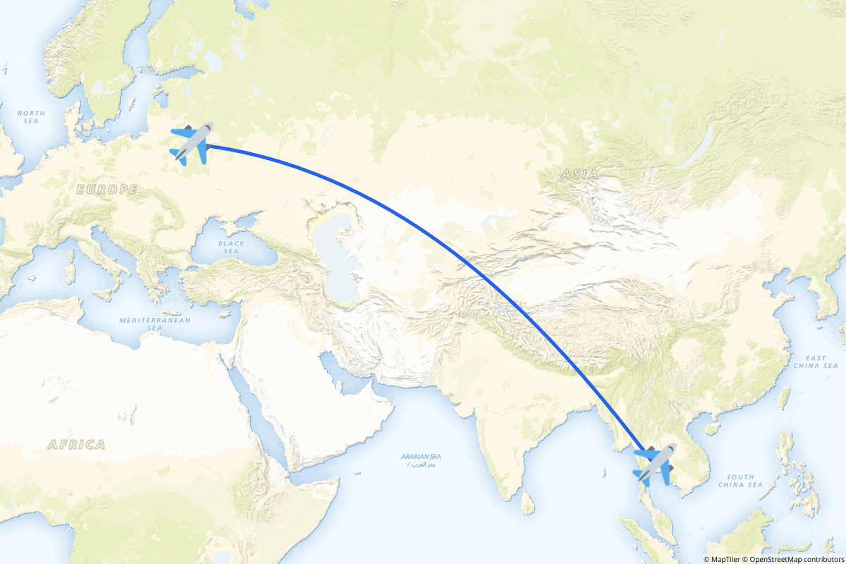 Map of the Minsk to Bangkok route