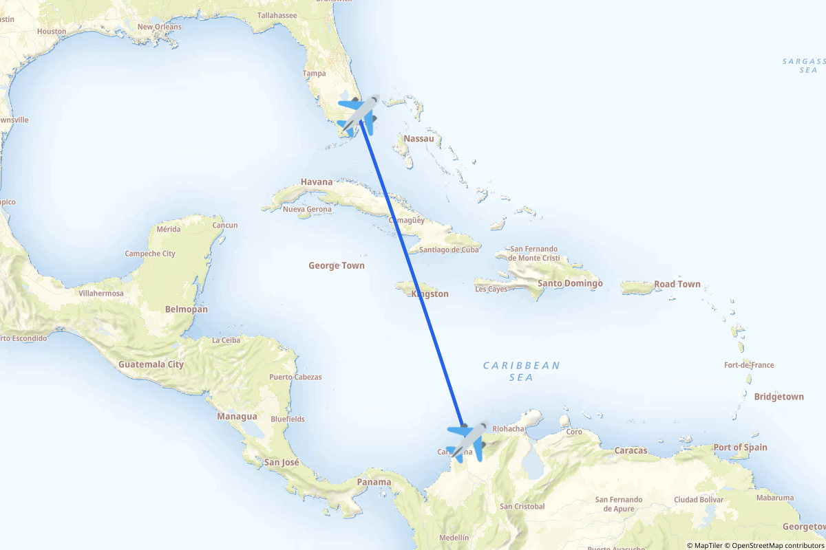 Map of the Fort Lauderdale to Barranquilla route