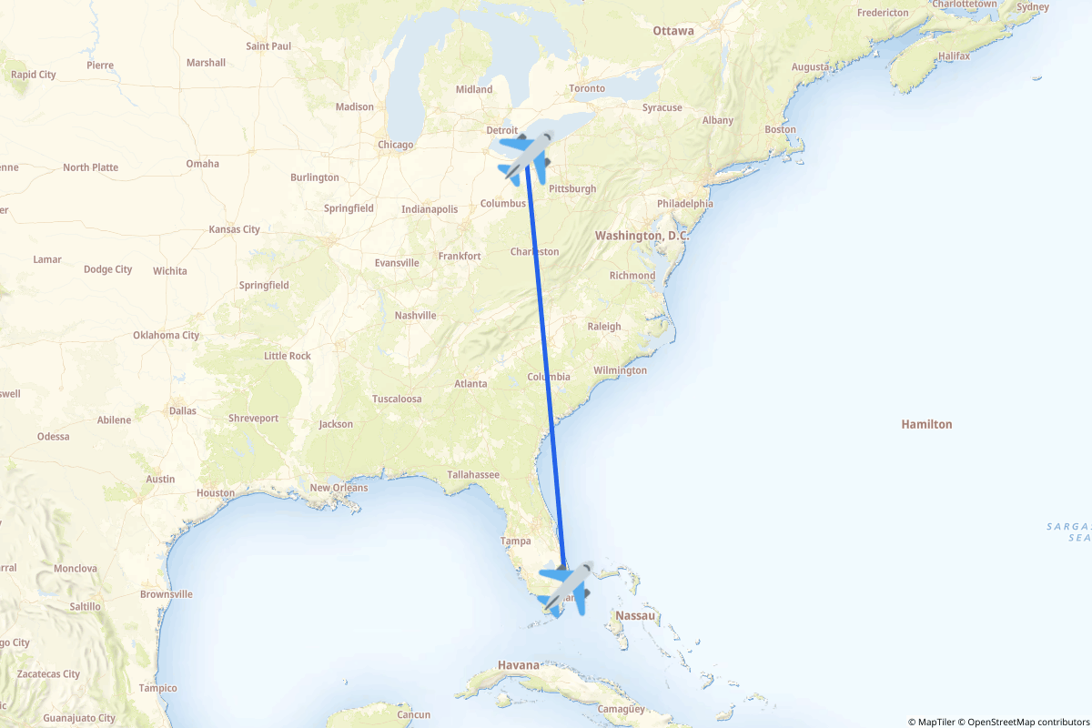 Map of the Fort Lauderdale to Cleveland route