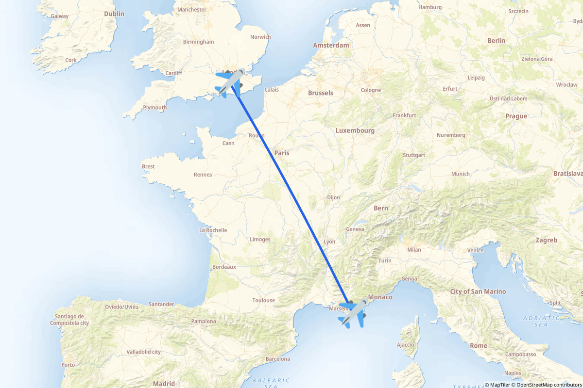 Map of the London to Hyères, Var route