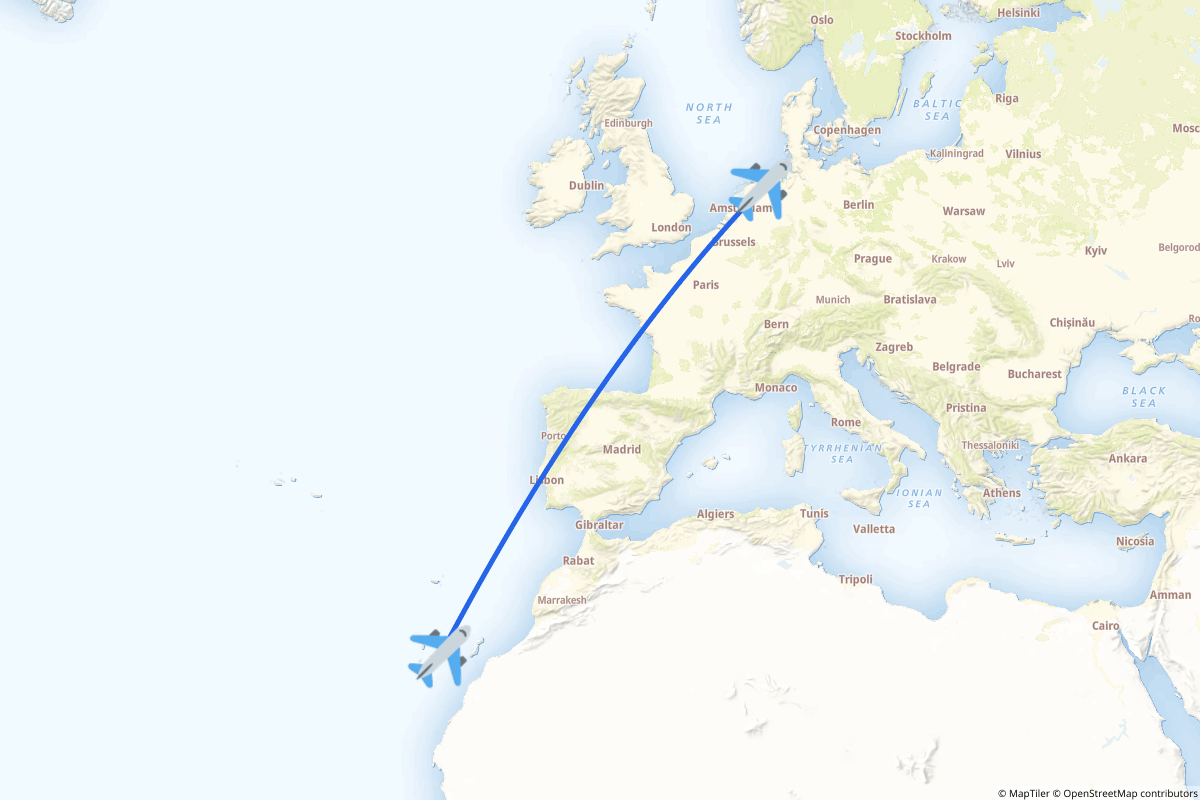 Map of the Groningen to Tenerife route
