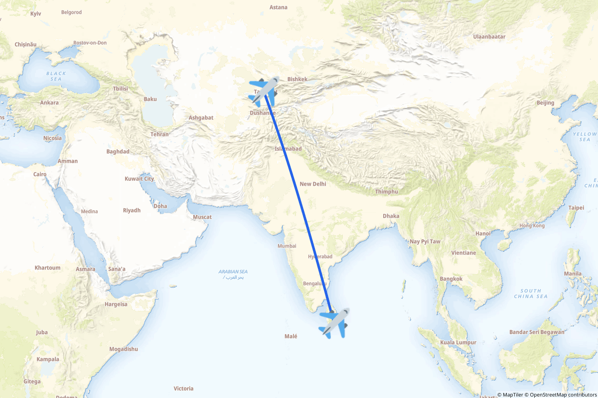Map of the Tashkent to Mattala route