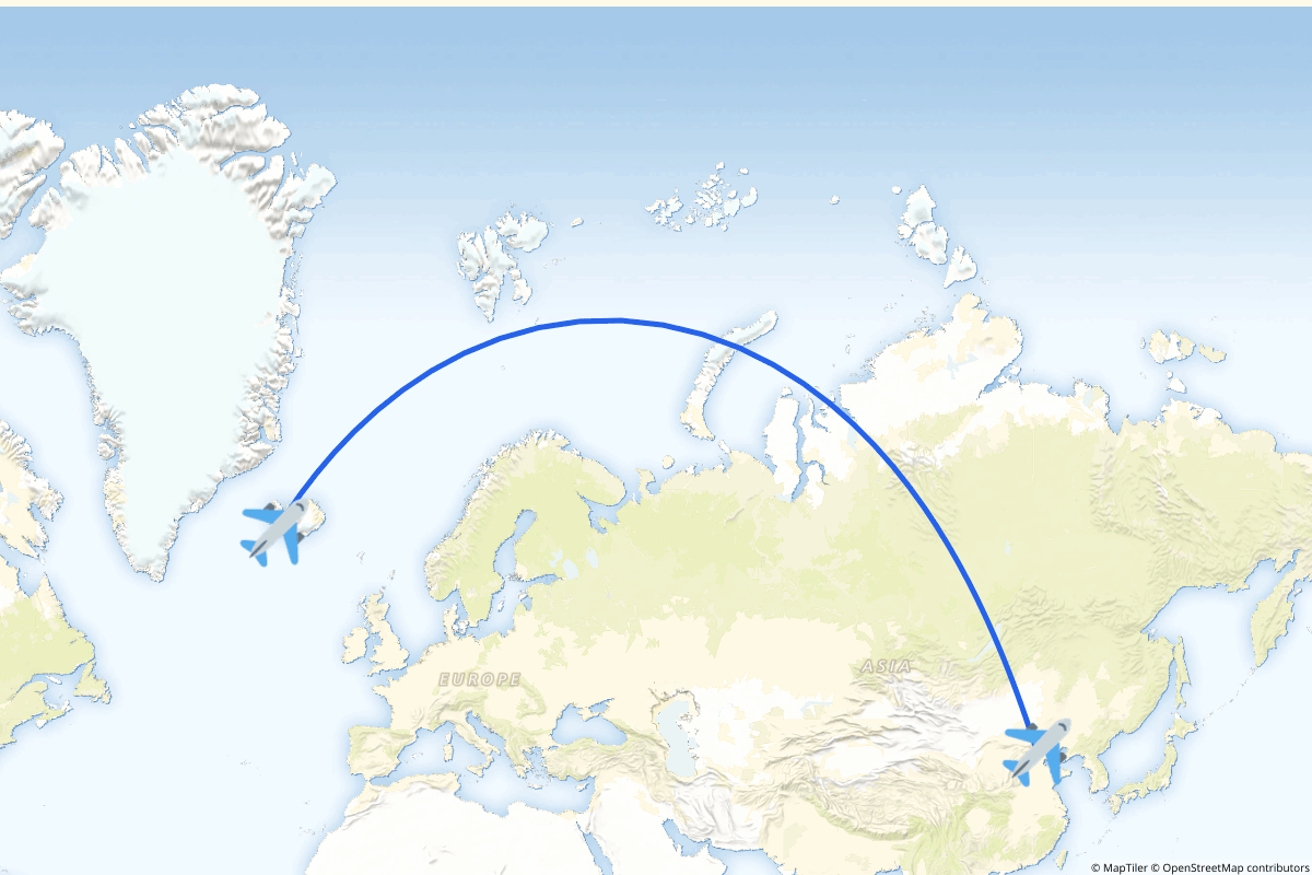 Map of the Beijing to Reykjavík route