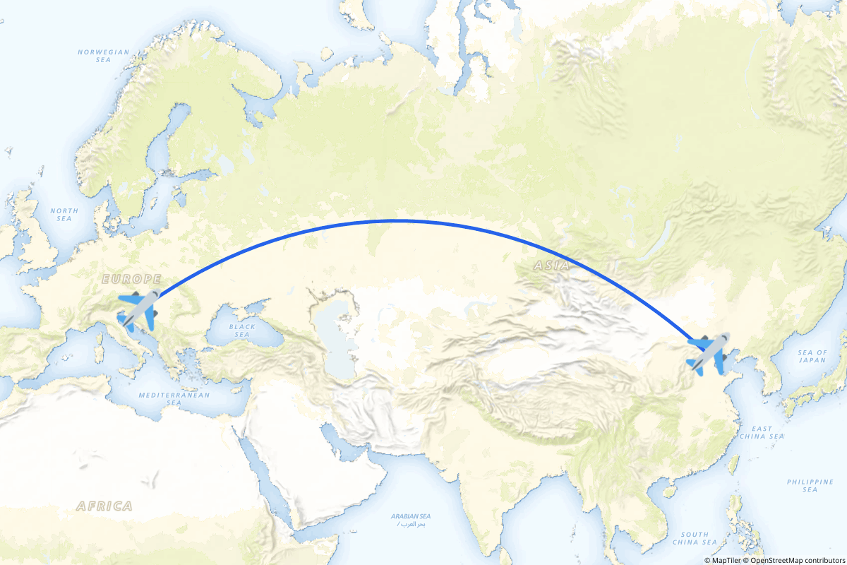 Map of the Beijing to Velika Gorica route