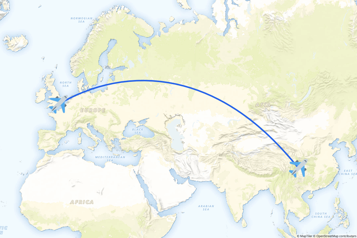 Map of the Chengdu (Jianyang) to London route
