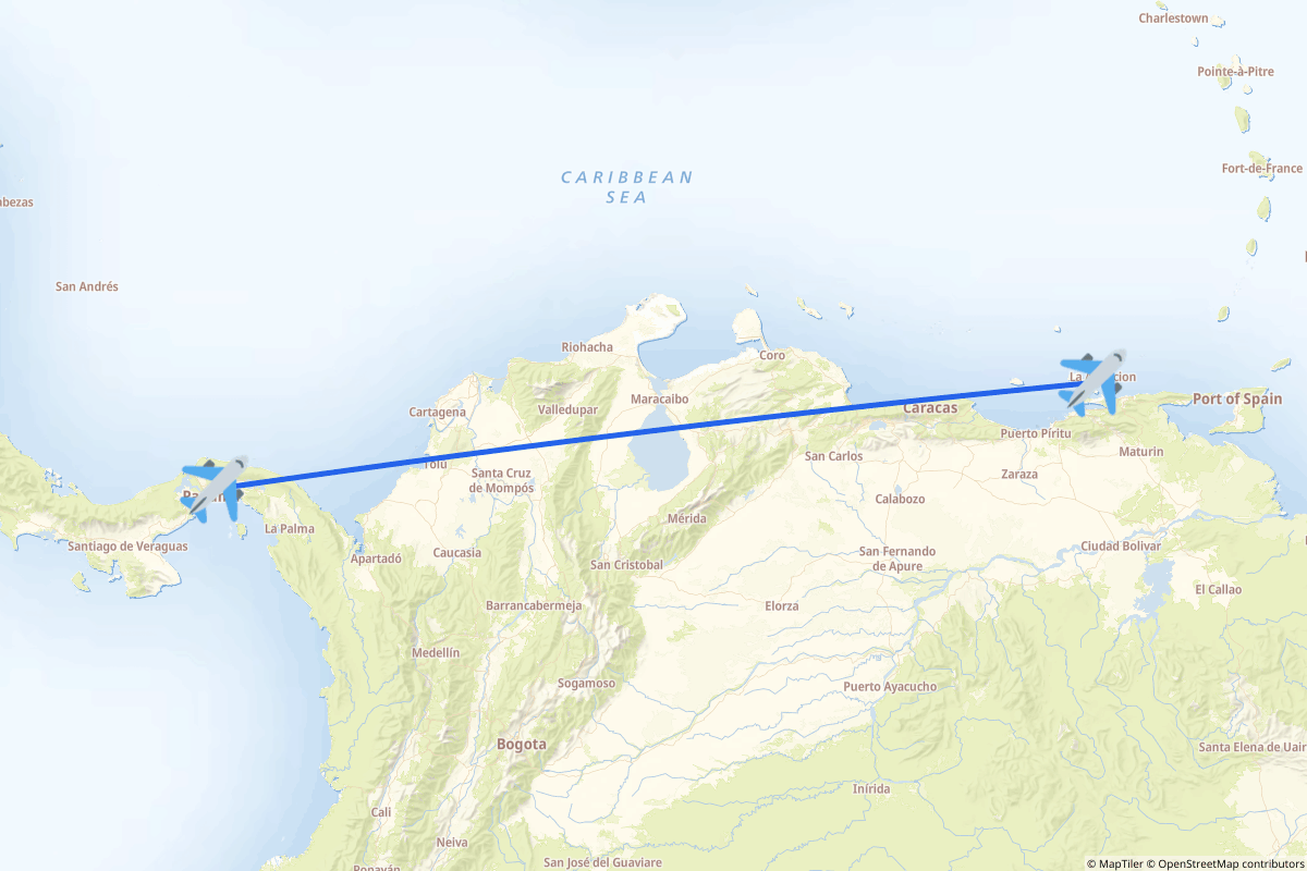 Map of the Tocumen to Isla Margarita route