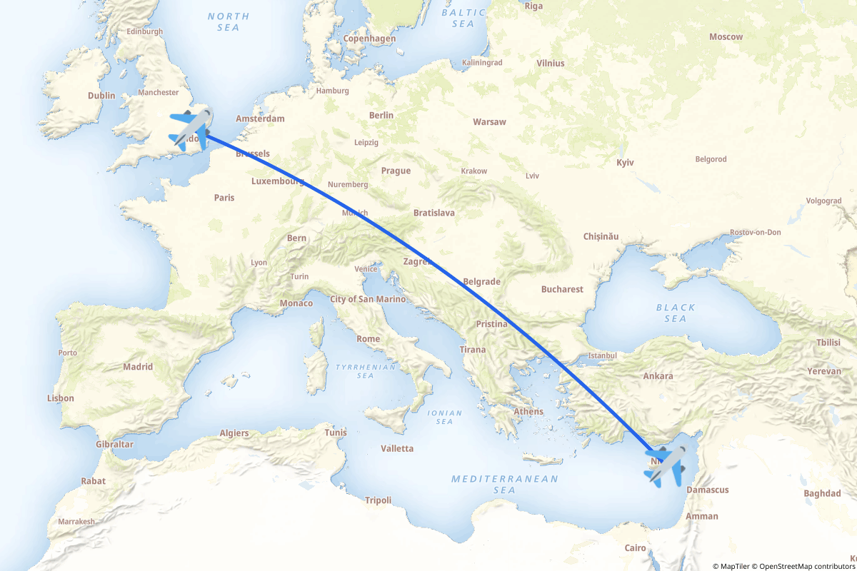 Map of the Larnaca to London route