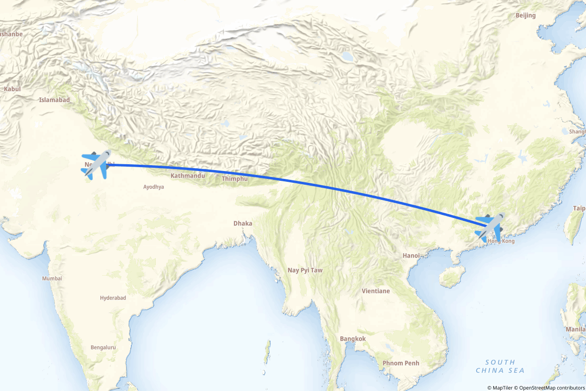 Map of the Guangzhou (Huadu) to New Delhi route