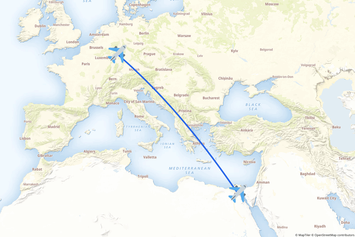 Map of the Frankfurt am Main to Cairo route